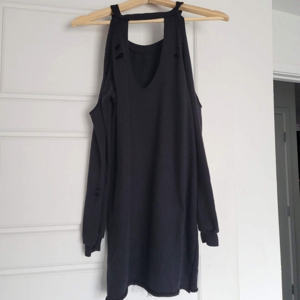 Distressed off the shoulder long sleeve dress